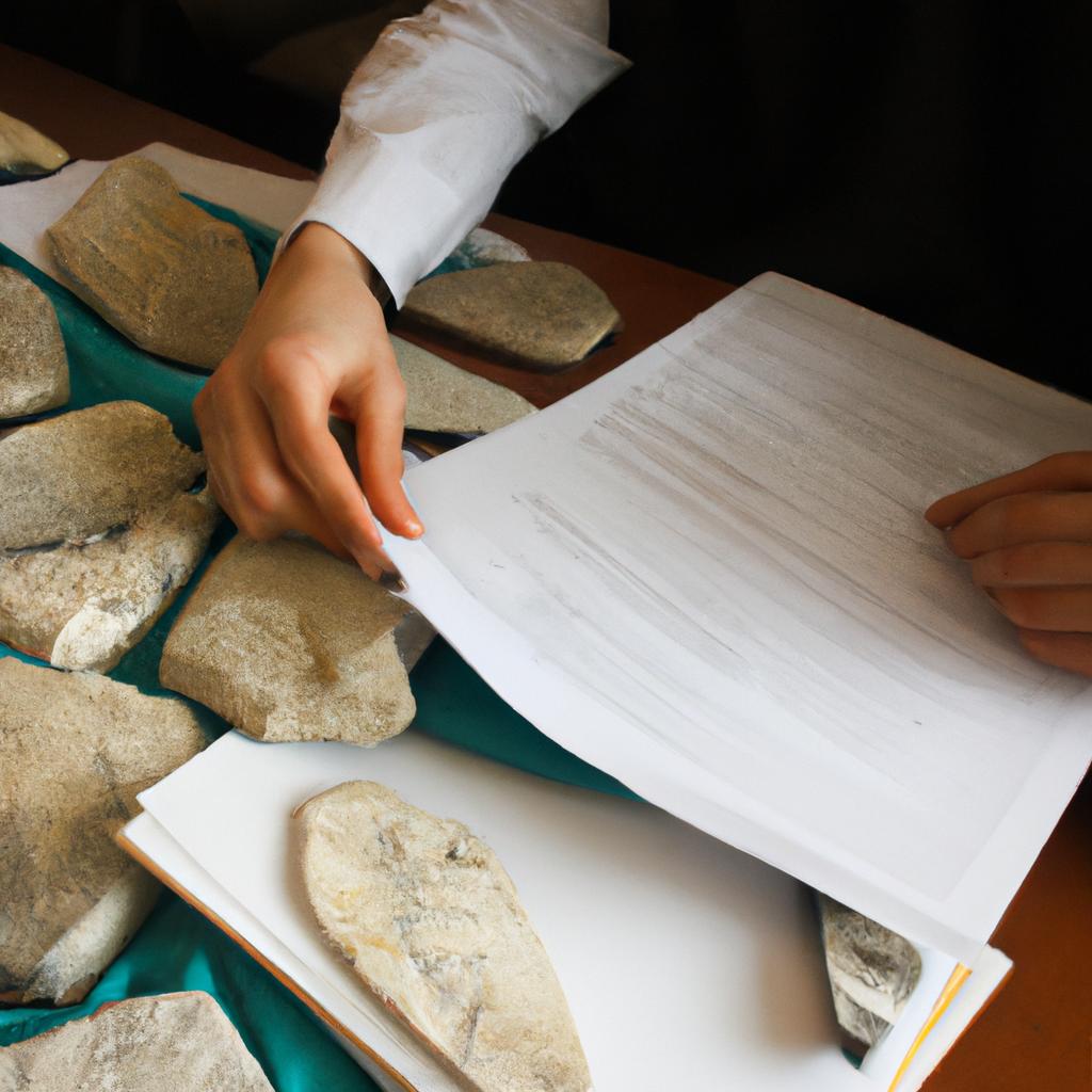 Person studying fossils and documents